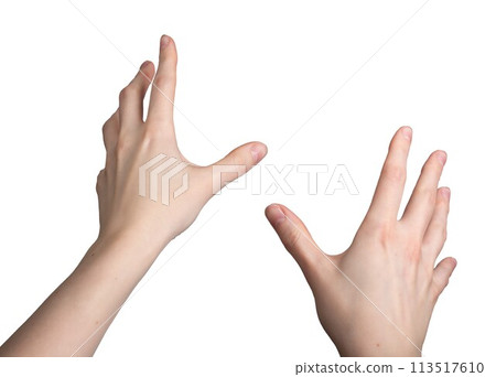 Hands gesturing during VR activity, first person view, isolated on white background 113517610
