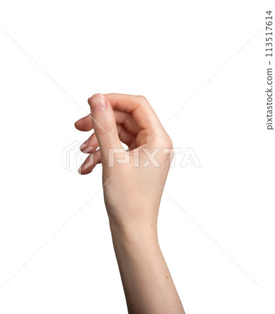 Hand holding something, fingers in tiny thin gesture, isolated on white background Hand holding something, fingers in tiny thin gesture, isolated on white background 113517614