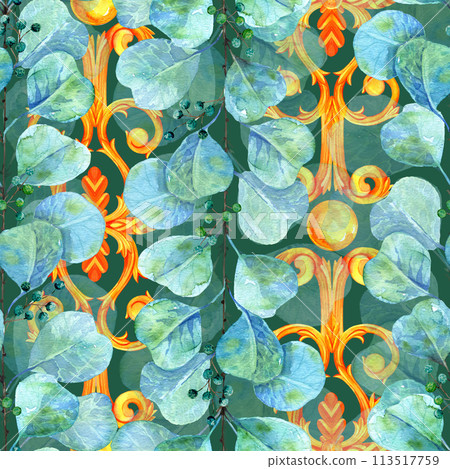 Eucalyptus branch and golden monograms, green background, hand drawn in watercolor, seamless pattern, border, for textiles, invitations, posters, wallpapers 113517759