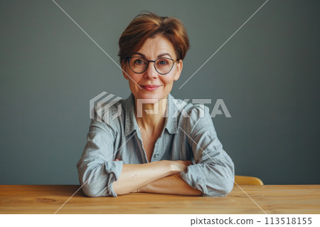 A woman is seen sitting at a table, her arms crossed. 113518155