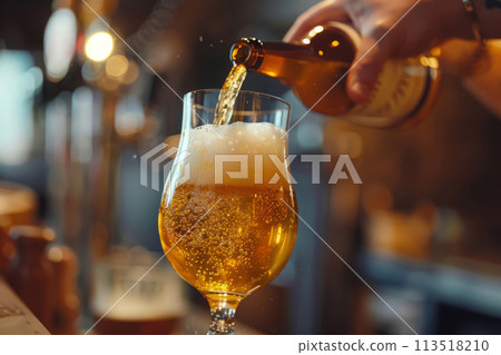 Refreshing beer being poured into a glass. Generative AI 113518210