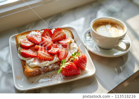 Strawberry cream toast with coffee. Generative AI Strawberry cream toast with coffee. Generative AI 113518216