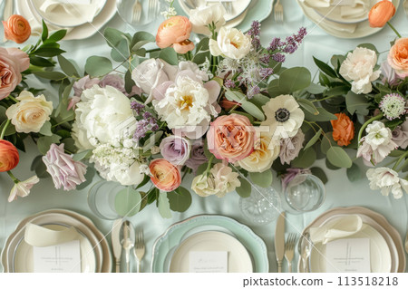 Table setting with pastel colored floral centerpieces. Generative AI Table setting with pastel colored floral centerpieces. Generative AI 113518218