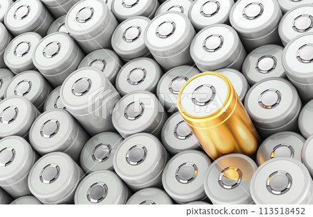 Background from silver AA batteries and one golden battery, 3D rendering Background from silver AA batteries and one golden battery, 3D rendering 113518452