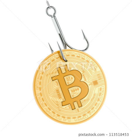 Bitcoin on the hook. Phishing concept. 3D rendering 113518453