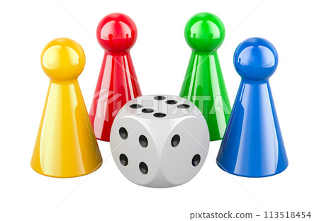 Colored board game pieces with dice, 3D rendering Colored board game pieces with dice, 3D rendering 113518454