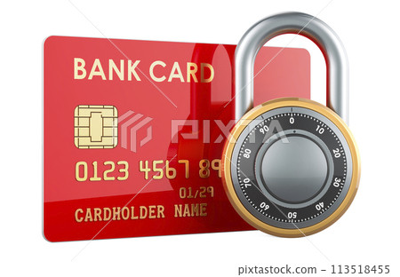 Credit bank card with padlock, security payment concept. 3D rendering Credit bank card with padlock, security payment concept. 3D rendering 113518455