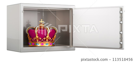 Crown inside safe box with combination lock, 3D rendering Crown inside safe box with combination lock, 3D rendering 113518456
