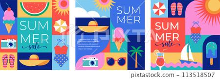 Colorful Geometric Summer and Travel Background, story templates, cards, posters, banners. Summer Colorful Geometric Summer and Travel Background, story templates, cards, posters, banners. Summer 113518507