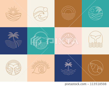 Bohemian linear logos, icons and symbols, sea, ocean, beach and surfing. Sun, seashell and palm 113518508