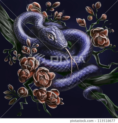 Blue snake on a magnolia branch.  113518677