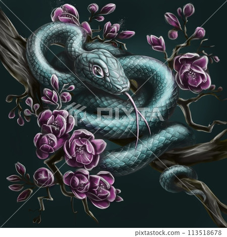 Blue snake on a magnolia branch.  113518678
