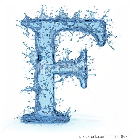Ice letter F. Aquamarine Latin letter made of water and splash on white background.  113518681