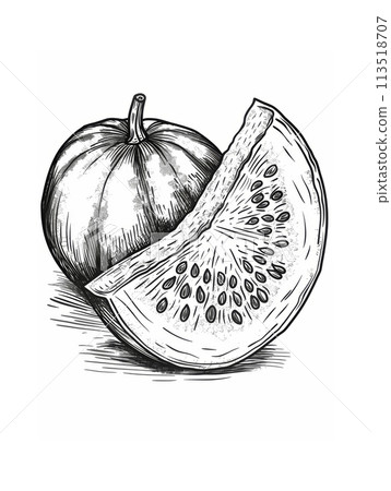 Detailed black and white line art of a watermelon slice on a white background Detailed black and white line art of a watermelon slice on a white background 113518707
