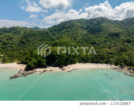 Sun reflection on turquoise sea water, white sands palm trees in Diapela Beach. El Nido, Philippines. 113518867