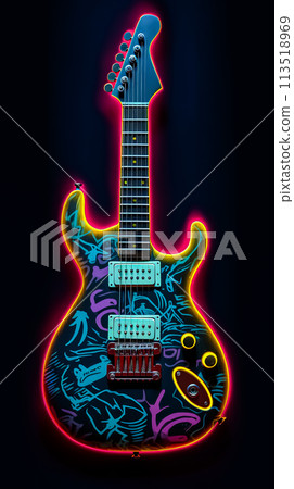 A colorful guitar is shown in a photo with smoke in the background. 113518969