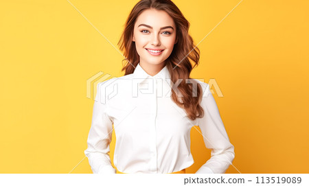 A woman in a white shirt is standing in front of a yellow background A woman in a white shirt is standing in front of a yellow background 113519089