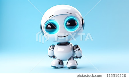 A robot with blue eyes stands in front of a blue background 113519228
