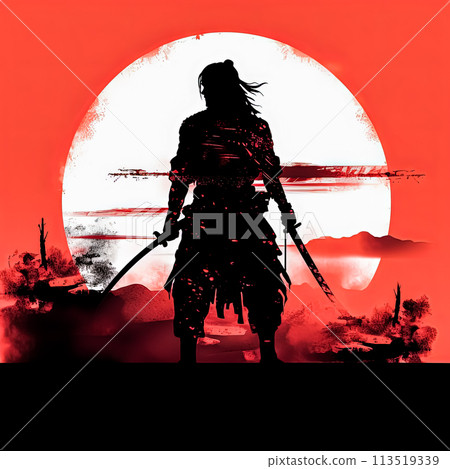 A man in black is holding a sword and standing in front of a red circle. 113519339