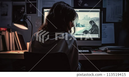 A woman is sitting at a desk with a computer monitor in front of her. 113519415