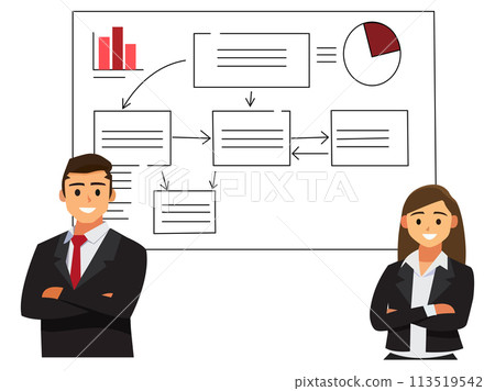Business, finance and marketing. Vector illustration of working businessmen, people in a meeting at the table 113519542