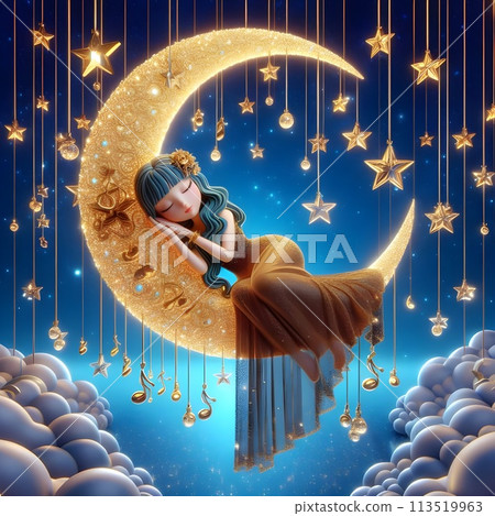 A beautiful woman sleeps comfortably on a large crescent shaped like beautiful eyebrows in 3D. 113519963