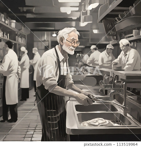 一位老人在廚房洗碗 一位老人在廚房洗碗 113519964