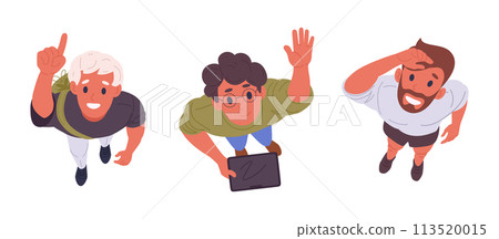 Characters staring up top view. Male people looking upwards, men view from above amazed something in sky flat vector illustration set. Cartoon guys look up 113520015