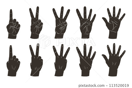 Counting hands silhouettes. Hand palms count gestures, counting from one to five gestures flat vector illustration set. Human hands with countdown gestures 113520019