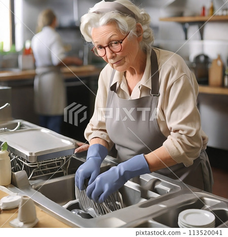 Elderly woman washing dishes in the kitchen 113520041