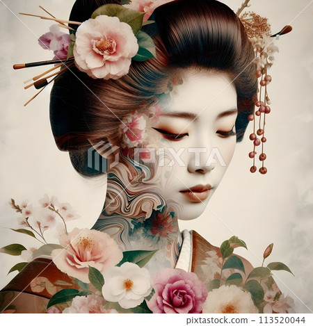 A double exposure image of a 1900s Japanese geisha young woman. A double exposure image of a 1900s Japanese geisha young woman. 113520044