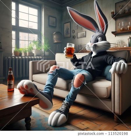 A rabbit sits on a sofa in a vintage apartment and drinks beer. 113520198