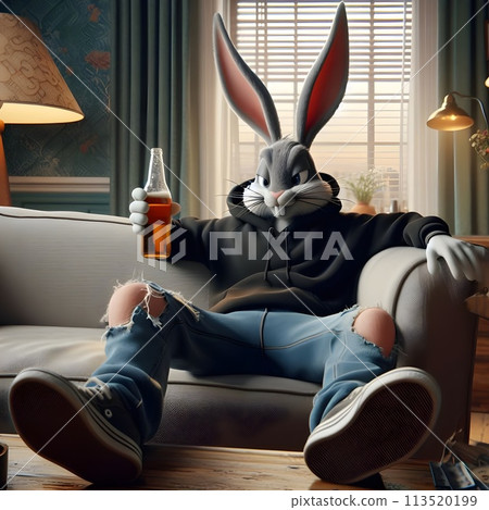 A rabbit sits on a sofa in a vintage apartment and drinks beer. 113520199