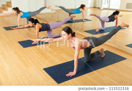 Young woman practicing balancing yoga posture Dandayamna Bharmanasana Young woman practicing balancing yoga posture Dandayamna Bharmanasana 113521316