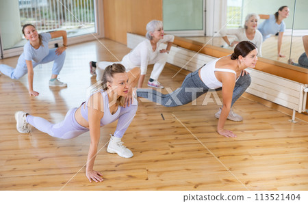 Group of young mature fit women in activewear warming up and exercising together during training in dance studio 113521404