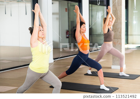 Group of women in warrior I pose 113521492