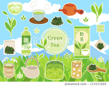 一組以明亮的藍天和茶田為背景的插圖,還有新茶、綠茶、煎茶等茶,並帶有白色邊框。 一組以明亮的藍天和茶田為背景的插圖,還有新茶、綠茶、煎茶等茶,並帶有白色邊框。 113521685