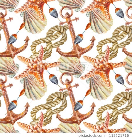 Nautical rope, starfish, shell, seamless pattern on white background. Hand drawn watercolor illustration for banners, fabric, textile, wrapping paper. Nautical rope, starfish, shell, seamless pattern on white background. Hand drawn watercolor illustration for banners, fabric, textile, wrapping paper. 113521716