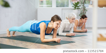 Women of different ages standing in Dolphin Plank Pose or Makara Adho Mukha asana during yoga training in gym studio Women of different ages standing in Dolphin Plank Pose or Makara Adho Mukha asana during yoga training in gym studio 113521784