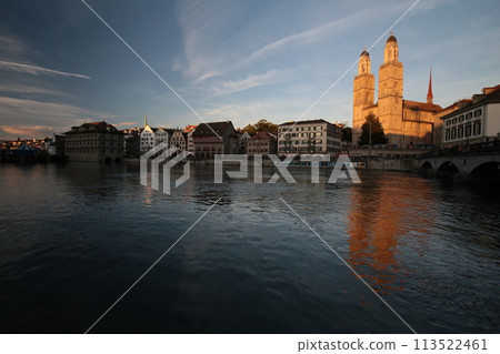 Evening in Zurich, the Limmat River and the Grossmünster 113522461