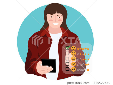 Concept of customer service and satisfaction Businesswoman touching virtual screen on happy smiley face icon giving service satisfaction The rating is very impressive. 113522649