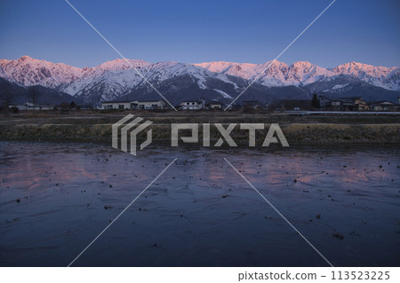 長野縣白馬村白馬山的Morgenrot，冰凍稻田中倒映出神奇的雨水 113523225