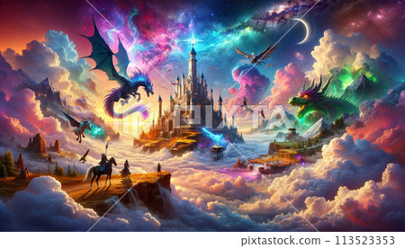 Fantasy illustration. Dragon, Aurora, Space. AI image. 113523353