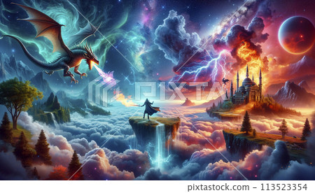 幻想插圖。龍、極光和太空。人工智慧圖像。 幻想插圖。龍、極光和太空。人工智慧圖像。 113523354