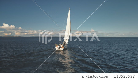 Closeup yacht cruise at open sea aerial. Seascape of ocean harbor. Regatta race on luxury sailboat Closeup yacht cruise at open sea aerial. Seascape of ocean harbor. Regatta race on luxury sailboat 113523558