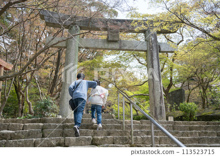 Brother and sister walk upstairs to visit Homangu Kamado shrine 113523715