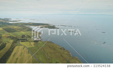 Alcohol industy at sea bay aerial. Whiskey distillery at countryside. Green forest, fields 113524138