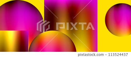 Colorful spheres in violet and magenta shades on a yellow background Colorful spheres in violet and magenta shades on a yellow background 113524437