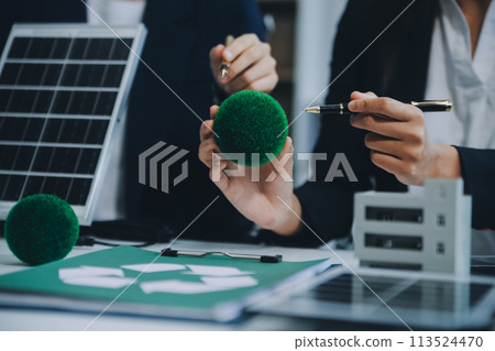 Carbon offset price report CO2 emission. Future growth Net zero waste in ESG ethical SME office protect climate change global warming social issues project. Group of asia people Eco friendly SDGs plan 113524470