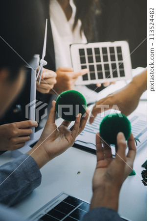 Carbon offset price report CO2 emission. Future growth Net zero waste in ESG ethical SME office protect climate change global warming social issues project. Group of asia people Eco friendly SDGs plan Carbon offset price report CO2 emission. Future growth Net zero waste in ESG ethical SME office protect climate change global warming social issues project. Group of asia people Eco friendly SDGs plan 113524482